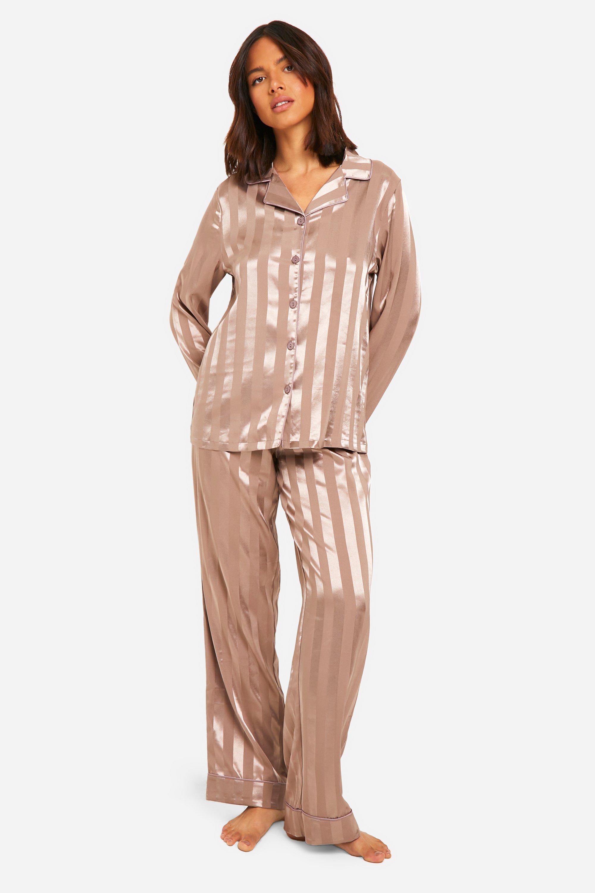 Womens Jacquard Stripe Satin Trouser Pj Shirt Set - Brown - 12, Brown